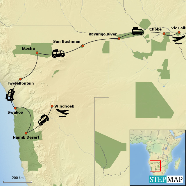 Namibia & Botswana Luxury Camping Safari - Map